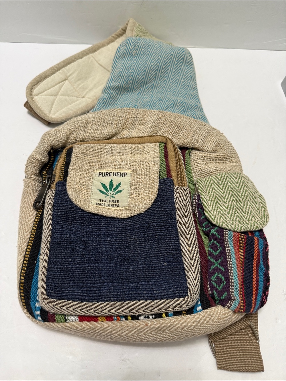 Pure Hemp Multicolor Boho Sling Bag - Navy & Natural